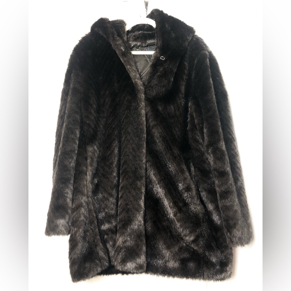 Sam Edelman Faux Fur Coat Size Large Womens Brown Hooded Pockets 94615